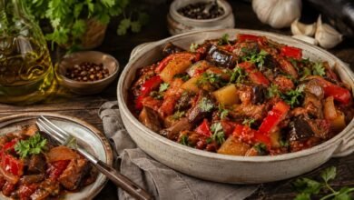 How to Store and Reheat Ajapsandali Without Making It Watery 3 Reheated ajapsandali with eggplant, tomatoes, red peppers, potatoes and fresh herbs
