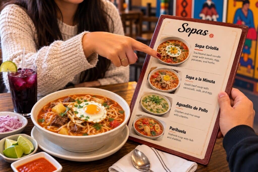 How to Order Sopa Criolla at a Peruvian Restaurant 2 Sopa criolla with beef, noodles, potato and egg beside a Peruvian restaurant soup menu