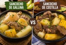 Sancocho de gallina and sancocho de costilla compared with chicken, beef ribs, yuca, corn and plantain