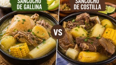 Sancocho de gallina and sancocho de costilla compared with chicken, beef ribs, yuca, corn and plantain