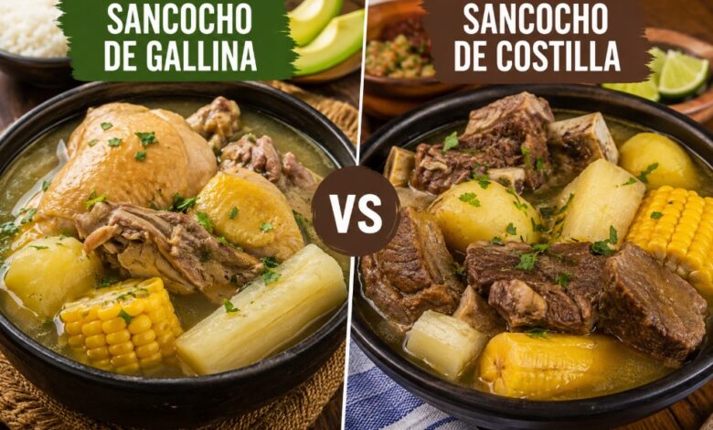 Sancocho de gallina and sancocho de costilla compared with chicken, beef ribs, yuca, corn and plantain