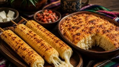 Sonso al palo vs baked sonso with grilled yuca and cheese skewers beside a golden baked dish