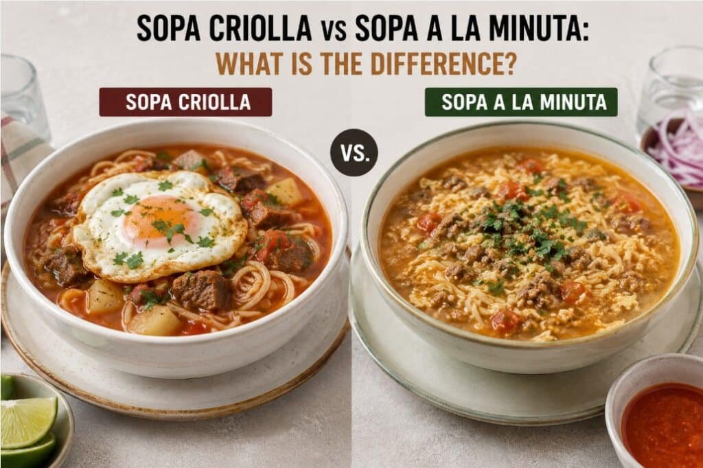 Sopa Criolla vs Sopa a la Minuta: What Is the Difference? 2 Sopa criolla with chopped beef and fried egg beside sopa a la minuta with ground beef and egg ribbons