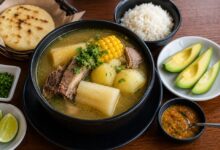 Colombian sancocho served with white rice, avocado, arepa, lime and ají