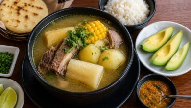 Colombian sancocho served with white rice, avocado, arepa, lime and ají
