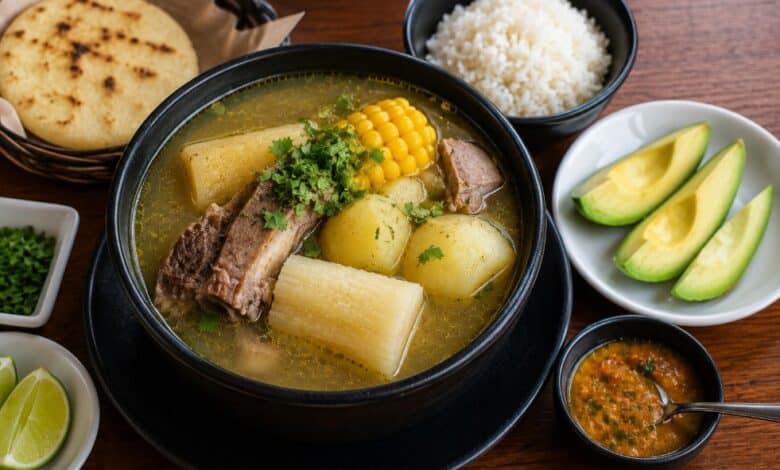 Colombian sancocho served with white rice, avocado, arepa, lime and ají