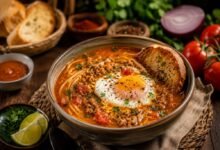 Peruvian sopa criolla with seasoned beef, noodles, tomato broth, egg and toasted bread