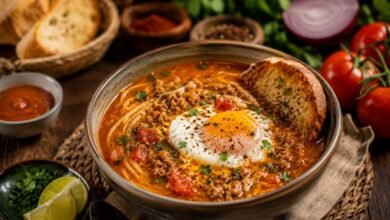 Peruvian sopa criolla with seasoned beef, noodles, tomato broth, egg and toasted bread
