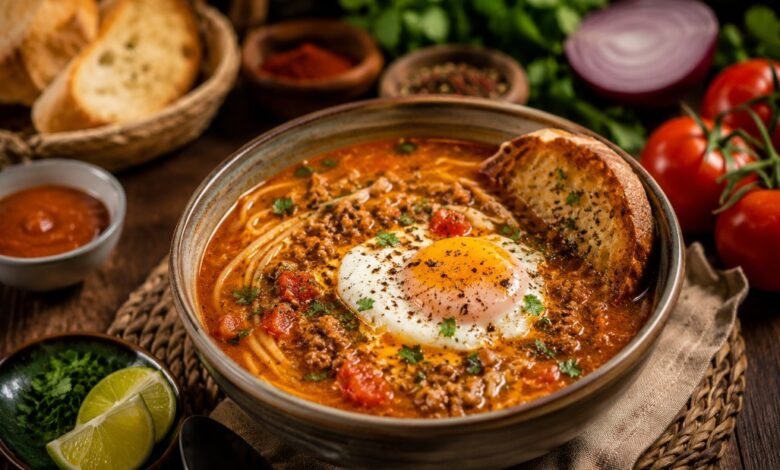 Peruvian sopa criolla with seasoned beef, noodles, tomato broth, egg and toasted bread