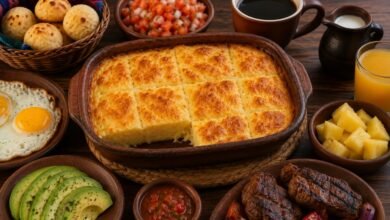 What to Eat with Sonso de Yuca: Drinks, Sides and Complete Meal Ideas 8 Sonso de yuca served with eggs, grilled meat, avocado, tomato salsa, fruit and coffee